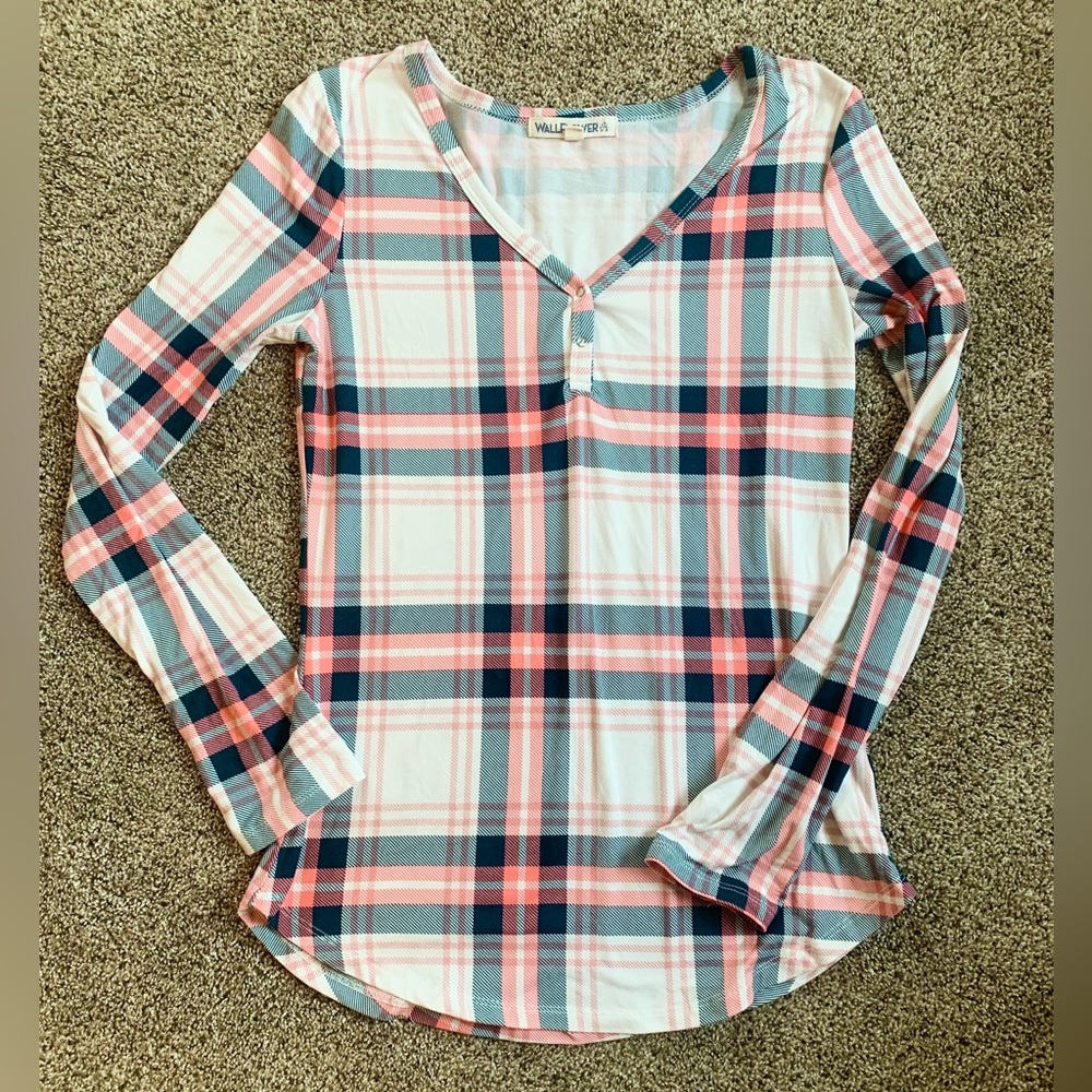 Wallflower Coral Blue-Green Plaid Top